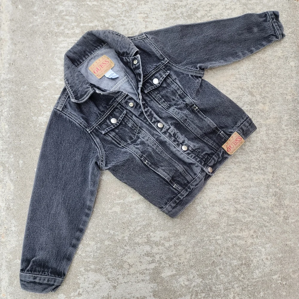 Vintage GUESS Kids Black Denim Jean Jacket, Sz 7‎